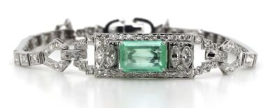 14K White Gold, 2.57ct Colombian Emerald and Diamond, Art Deco Bracelet