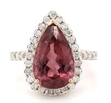 14K Rose Gold, Red Tourmaline and Diamond, Halo Ring