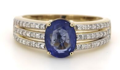 14K Yellow Gold, 1.63ct Ceylon Sapphire and Diamond, Split Band Ring