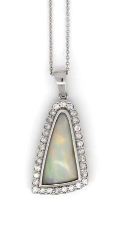 14K White Gold, 3.52ct Andamookan Opal and Diamond, Pendant Necklace.