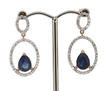 14K Rose Gold, Blue Sapphire and Diamond, Double Hoop Drop Earrings