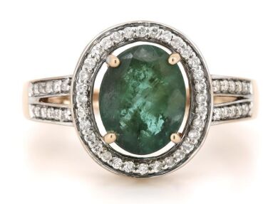 14K Rose Gold, Emerald and Diamond, Antique Style Halo Ring