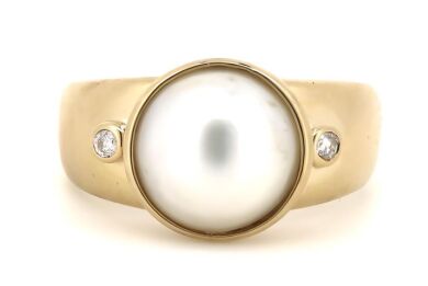 14K Yellow Gold, Pearl and Diamond, Vintage Style Ring