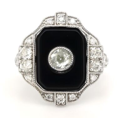 14K White Gold, Onyx and Diamond, Art Deco Style Ring