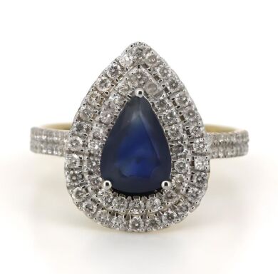 14K Yellow Gold, Blue Sapphire and Diamond, Double Halo Ring