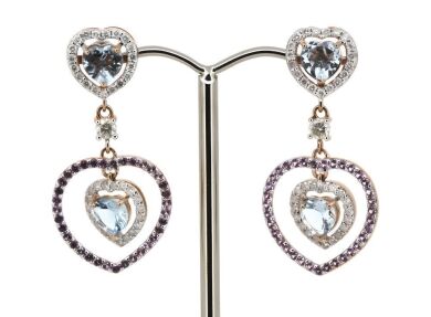 14K Rose & White Gold, Aquamarine, Pink Sapphire and Diamond, Drop Earrings