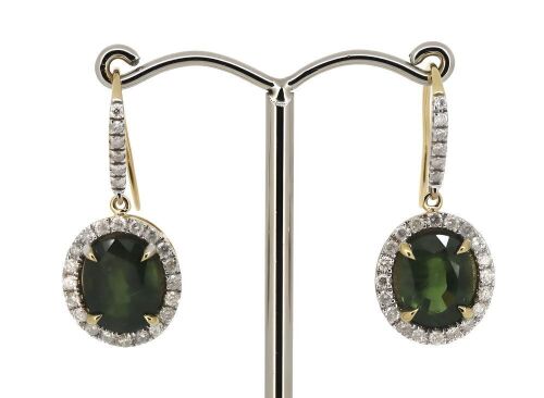 14K Yellow Gold, Green Sapphire and Diamond, Halo Earrings