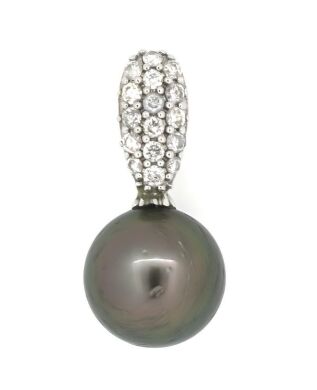 14K White Gold, Black Tahitian Pearl and Diamond Pendant