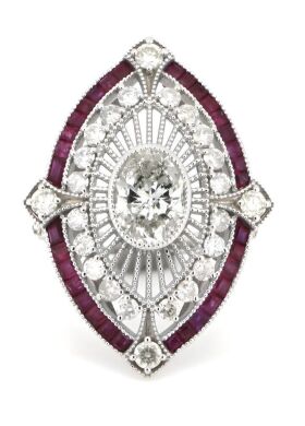 14K White Gold, Diamond & Ruby, Art Deco Style Statement Ring