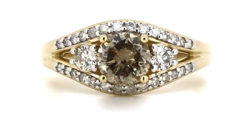 14K Yellow Gold, Champagne Diamond, Trilogy Style Ring