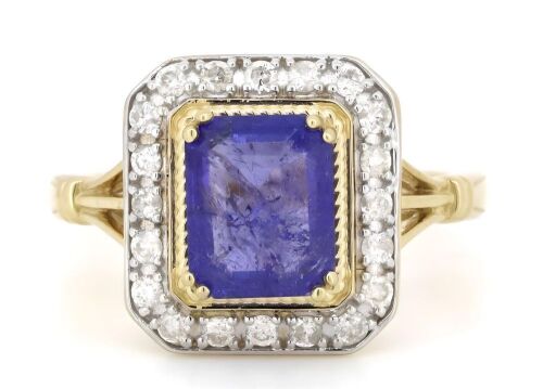 14K Yellow Gold, Tanzanite and Diamond, Antique Style Halo Ring