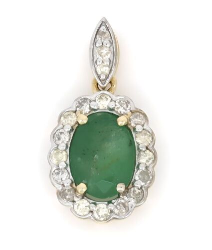 14K Yellow Gold, Emerald and Diamond, Halo Pendant