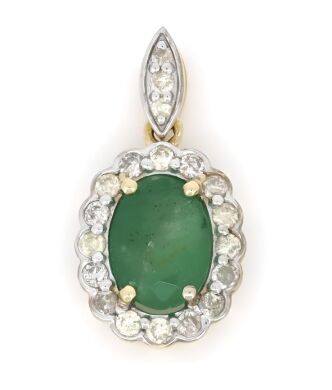 14K Yellow Gold, Emerald and Diamond, Halo Pendant