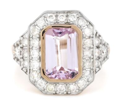 14K Rose Gold, Kunzite and Diamond, Vintage Style Halo Ring