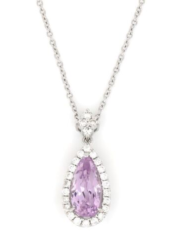 14K White Gold, Kunzite and Diamond, Halo Pendant Necklace