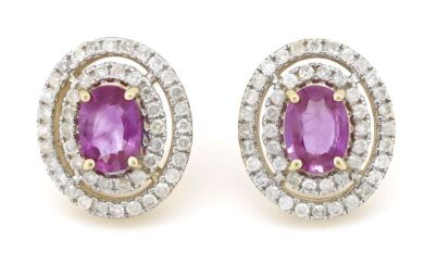 14K Yellow Gold, Pink Sapphire and Diamond, Double Halo Stud Earrings