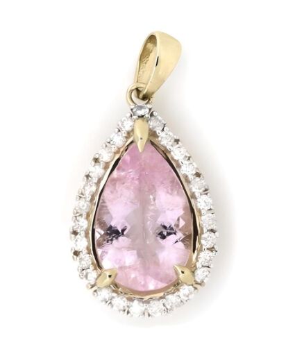 14K Yellow Gold, Morganite and Diamond, Halo Drop Pendant