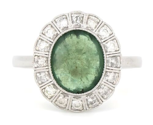 14K White Gold, Emerald and Diamond, Antique Style Halo Ring