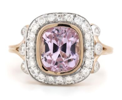 14K Rose/White Gold, Kunzite and Diamond, Halo Ring