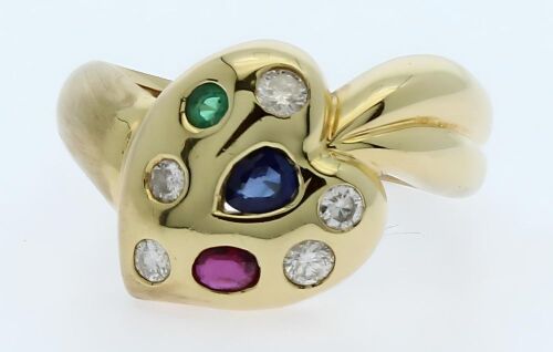 18k yellow gold sapphire, ruby, emerald and diamond leaf pattern dress ring