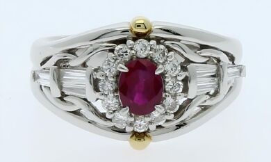 platinum and 18K yellow gold ruby and diamond dress ring