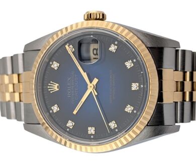 Rolex 16233 Datejust Two Tone Vignette Blue Diamond Dial 36mm 1994 S Serial Box & Papers