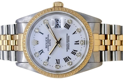 Rolex Oyster Perpetual Date 34 18K Yellow Gold White Buckley Diamond Dial