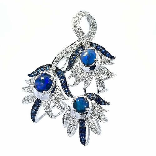 18K White Gold Opal, Sapphire, and Diamond Pendant