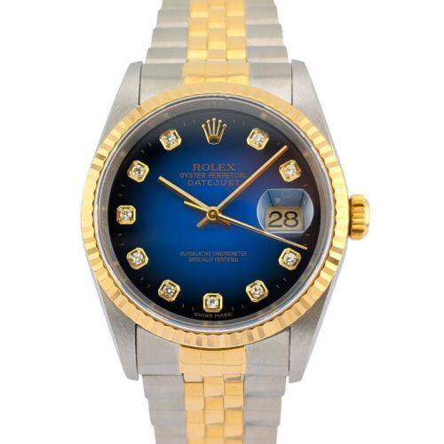 Rolex 16233G Datejust Blue Vignette Diamond Dial 36mm 1997 Box & RSC