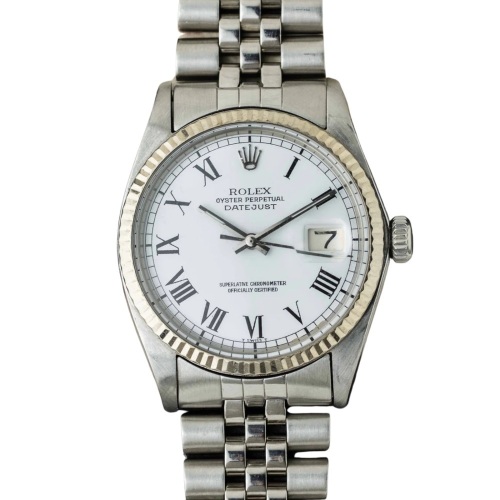 Rolex Datejust 36 18K White Gold Bezel Ref 1601 White Buckley Romans Dial 1968