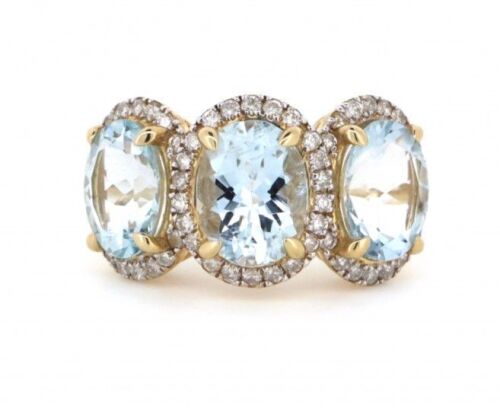 "WHOLESALER CLOSING DOWN MUST BE SOLD" 14K Yellow Gold, Aquamarine and Diamond, Halo Trilogy Ring