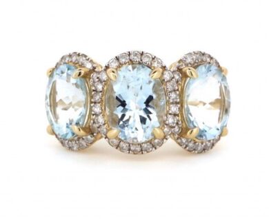 "WHOLESALER CLOSING DOWN MUST BE SOLD" 14K Yellow Gold, Aquamarine and Diamond, Halo Trilogy Ring