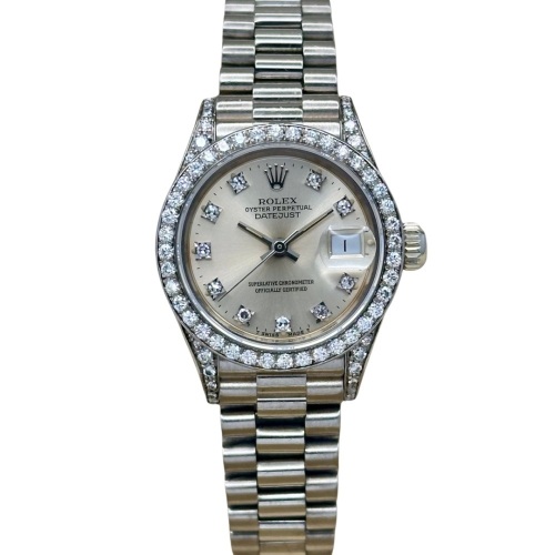 Rolex Lady-Datejust 26 President 18K White Gold Silver Diamond Dial Factory Diamond Set Ref 69159G