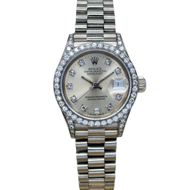 Rolex Lady-Datejust 26 President 18K White Gold Silver Diamond Dial Factory Diamond Set Ref 69159G