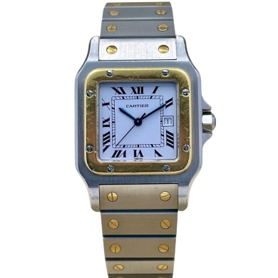 Cartier Santos Carr&eacute;e Large White Romans 18K Yellow Gold Ref 2961 1986