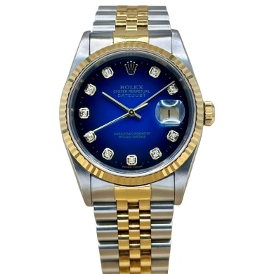 Rolex Datejust 36 Blue Vignette Diamond 18K Yellow Gold Ref 16233G 2000
