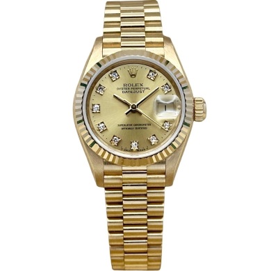Rolex Lady-Datejust 26 Champagne Diamond 18K Yellow Gold President Ref 69178