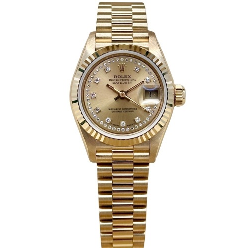 Rolex Lady-Datejust 26 Champagne String Diamond 18K Yellow Gold President Ref 69178