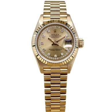 Rolex Lady-Datejust 26 Champagne String Diamond 18K Yellow Gold President Ref 69178