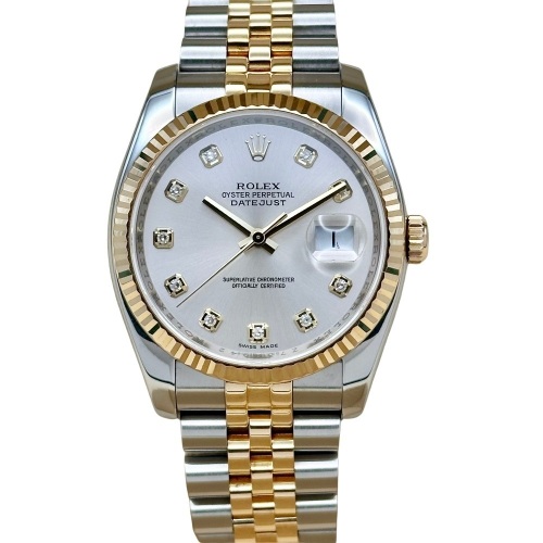 Rolex Datejust 36 Silver Diamond SUPER JUBILEE 18K Yellow Gold Ref 116233 2007