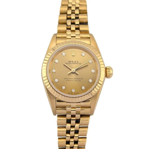 Rolex 76198G Oyster Perpetual 18k Gold Champagne Diamond Dial