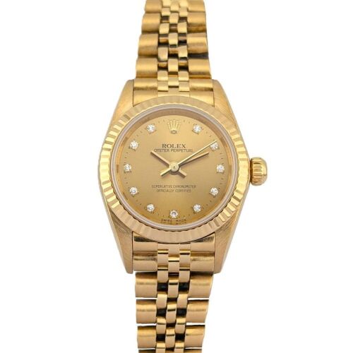 Rolex 76198G Oyster Perpetual 18k Gold Champagne Diamond Dial