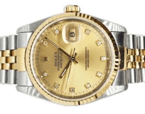 Rolex Datejust 36mm Two Tone 18K Yellow Gold S serial Diamond Dial 1993 Box and Papers