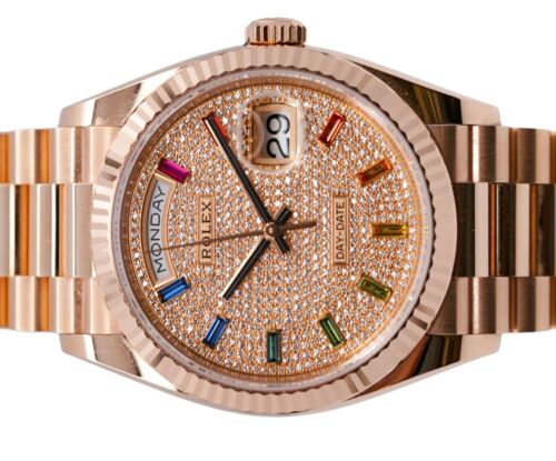 Rolex Day-Date 36mm, Diamond-Paved Rainbow Baguette Dial 18k Everose Gold President Bracelet 2021