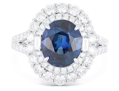 Retailer 18k white gold ring set with a 4.03ct LGL certified sapphire with 1.61cts of F/VS diamonds