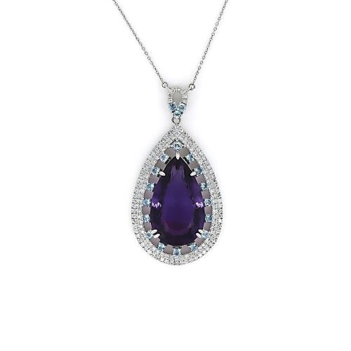 "Wholesaler Closing Down Must Be Sold" 14K White Gold, Amethyst, Topaz and Diamond, Halo Statement Necklace