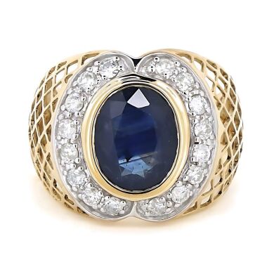 "Wholesaler Closing Down Must Be Sold" 14K Yellow Gold, Blue Sapphire and Diamond, Filigree Cut Out Ring