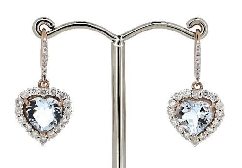 "Wholesaler Closing Down Must Be Sold" 14K Rose Gold, Aquamarine and Diamond, Heart Drop Earrings