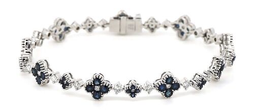 "Wholesaler Closing Down Must Be Sold" 14K White Gold, Blue Sapphire and Diamond, Floral Design Bracelet